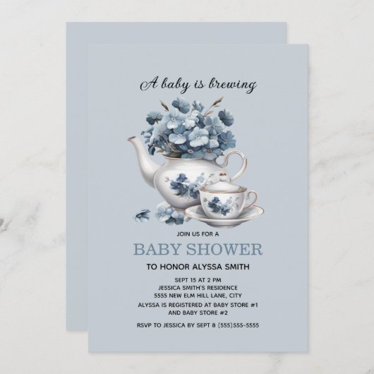 Baby brütet Blue Floral Baby Boy Einladung (Vorne/Hinten)