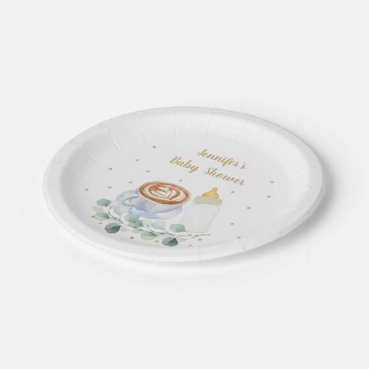 Baby brütet Kaffeegeniefer Babydusche Pappteller (Schrägansicht)