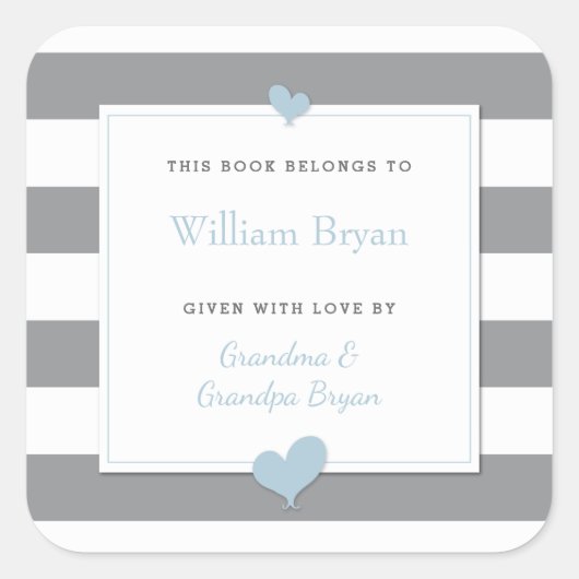 Baby Buchzeichen Gray Stripes Light Blue Hearts Quadratischer Aufkleber (Vorderseite)