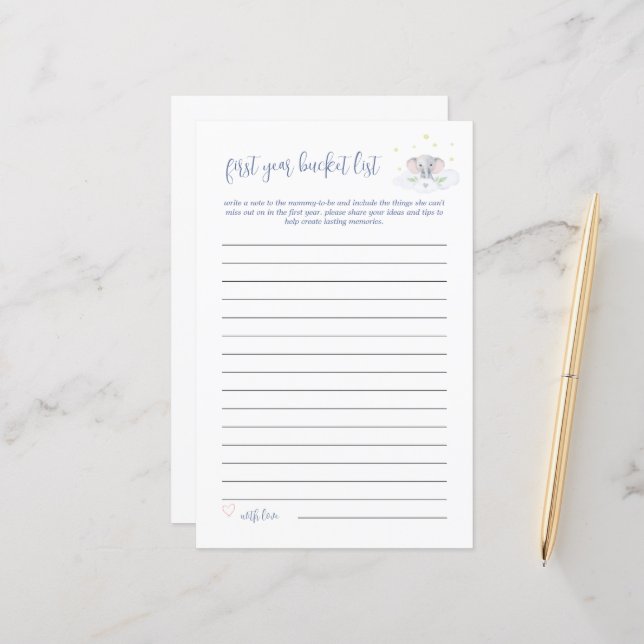 Baby Bucket List Spiel Elephant Baby Showblau (Vorderseite/Rückseite Beispiel)