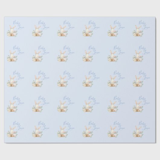 Baby Bunny Boy Blue Script Niedlich Baby Dusche Geschenkpapier (Flach)