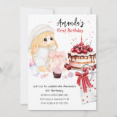 Baby Bunny & Cake Girl’s 1st Birthday Party  Einladung (Vorderseite)