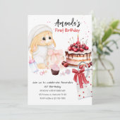 Baby Bunny & Cake Girl’s 1st Birthday Party  Einladung (Stehend Vorderseite)