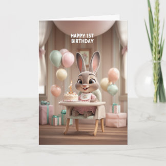 Baby-Bunny im Hochstuhl mit Luftballons 1. Geburts Karte