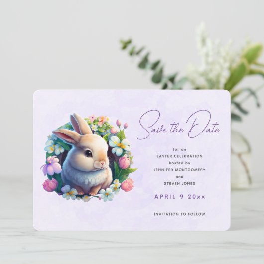 Baby Bunny in Spring Blumen Save the Date (Stehend Vorderseite)