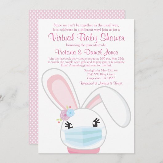 Baby Bunny Mask Girl Virtual Baby Dusche Einladung (Vorne/Hinten)