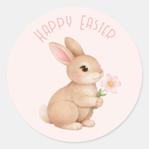 Baby-Bunny mit rosa Blume Frohe Ostern Runder Aufkleber