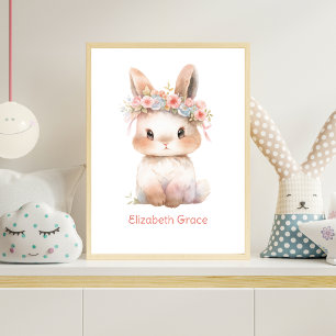 Baby Bunny Pink Floral Monogram Kinderzimmer Art Poster