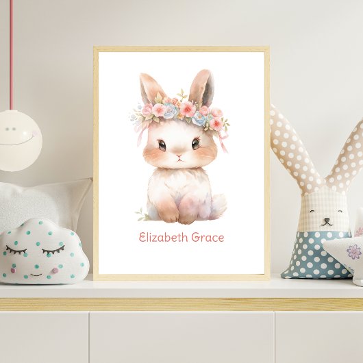 Baby Bunny Pink Floral Monogram Kinderzimmer Art Poster