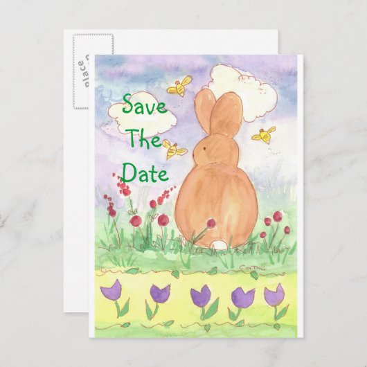 Baby Bunny Save the Date Kaninchen Wasserfarbe Ankündigungspostkarte (Vorne/Hinten)