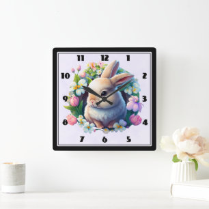 Baby Bunny unter farbenfrohen Frühlingsblumen Quadratische Wanduhr
