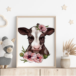 Baby Calf Rose Animal Poster Wall Print