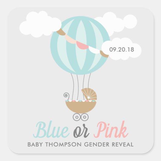 Baby Carriage Balloon Gender Reveal Party Quadratischer Aufkleber (Vorderseite)