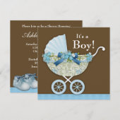 Baby Carriage Brown Blue Baby Boy Dusche Einladung (Vorne/Hinten)