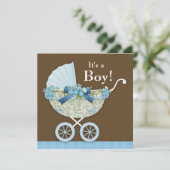 Baby Carriage Brown Blue Baby Boy Dusche Einladung (Stehend Vorderseite)