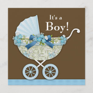 Baby Carriage Brown Blue Baby Boy Dusche Einladung