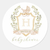 Baby Carriage Crest Monogram | Neutral Baby Shower Runder Aufkleber (Vorderseite)