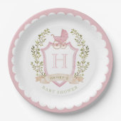 Baby Carriage Crest Monogram | Pink Baby Shower Pappteller (Vorderseite)