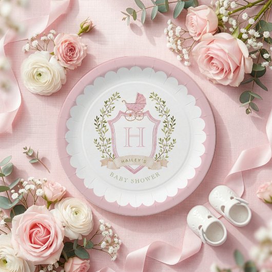 Baby Carriage Crest Monogram | Pink Baby Shower Pappteller