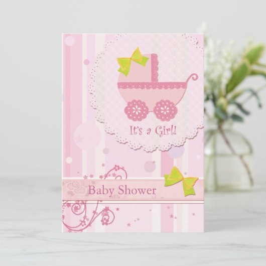 Baby Carriage Das ist ein Mädchen! Pink Baby Dusch Einladung (Stehend Vorderseite)