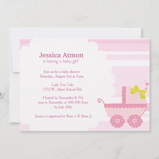 Baby Carriage Das ist ein Mädchen! Pink Baby Dusch Einladung (Rückseite)