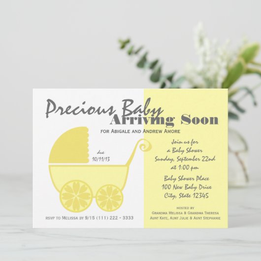 Baby Carriage Gelb und Grau Einladung (Stehend Vorderseite)