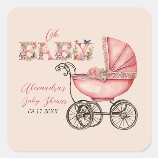 Baby Carriage Girl Babydusche Quadratischer Aufkleber (Vorderseite)