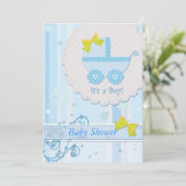Baby Carriage "It's a Boy" Blue Baby Dusche Einladung (Stehend Vorderseite)