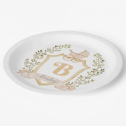 Baby Carriage Monogram "B" | Neutral Pappteller (Schrägansicht)