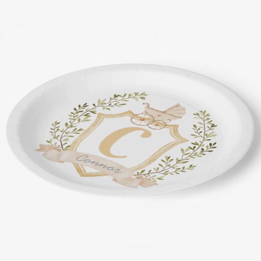 Baby Carriage Monogram "C" | Neutral Pappteller (Schrägansicht)