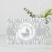 Baby Carriage, Zebra Print & Blue Baby Dusche Einladung (Stehend Vorderseite)