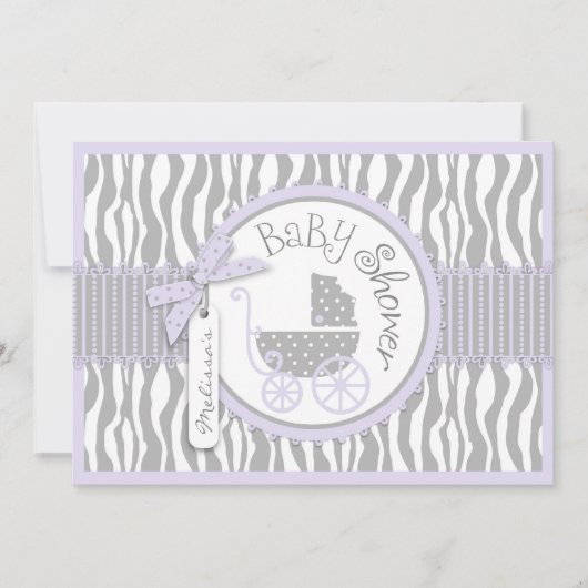 Baby Carriage, Zebra Print & Lavender Baby Dusche Einladung (Vorderseite)