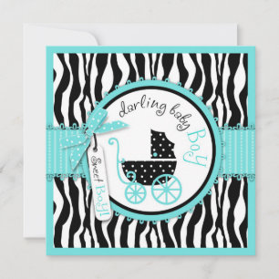 Baby Carriage, Zebra Print & Turquoise Baby Dusche Einladung