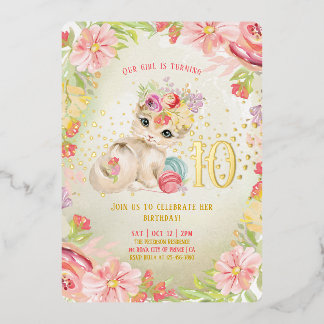 Baby Cat Watercolor Blume Girl Birthday Folieneinladung