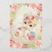 Baby Cat Watercolor Blume Girl Birthday Folieneinladung (Rückseite)