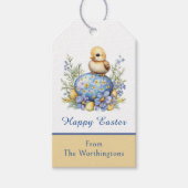 Baby Chick Happy Easter Egg Blue Yellow Flowers Geschenkanhänger (Vorderseite)