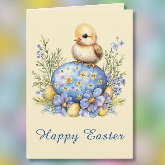 Baby Chick Happy Easter Egg Blue Yellow Flowers Karte
