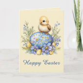 Baby Chick Happy Easter Egg Blue Yellow Flowers Karte (Vorderseite)