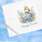 Baby Chick Happy Easter Egg Blue Yellow Flowers Quadratischer Aufkleber