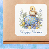 Baby Chick Happy Easter Egg Blue Yellow Flowers Quadratischer Aufkleber