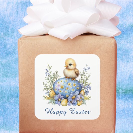 Baby Chick Happy Easter Egg Blue Yellow Flowers Quadratischer Aufkleber