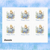 Baby Chick Happy Easter Egg Blue Yellow Flowers Quadratischer Aufkleber