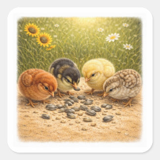 Baby Chicks Eating Sunflower Seeds – Cozy Farm Ill Quadratischer Aufkleber