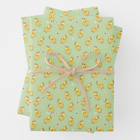 Baby Chicks Whimsical Kawaii Pattern Green Geschenkpapier Set (Beispiel)