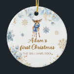 Baby Christmas Deer Personalisiertes Foto Keramik Ornament<br><div class="desc">Feiern Sie die bevorstehende Ankunft eines kleinen Prinzen mit unserer "Oh Deer Winter Baby Boy Shower Einladung". Diese charmante und skurrile Dekoration spiegelt das Wunder eines Winterwunderlandes mit seinen ruhigen Blautönen und dem zauberhaften Hirschdesign wider. Während die ersten Schneeflocken fallen, Set unser Schild die Bühne für eine herzliche Ansammlung. Ein...</div>
