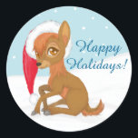 Baby Christmas Reindeer Runder Aufkleber<br><div class="desc">Ein bezaubernder Rentier sitzt mit einer Weihnachtsmannmütze im Schnee! Im Text steht: "Glückliche Ferien!" Personalisieren Sie es,  indem Sie auf "Anpassen!" klicken. Button.</div>