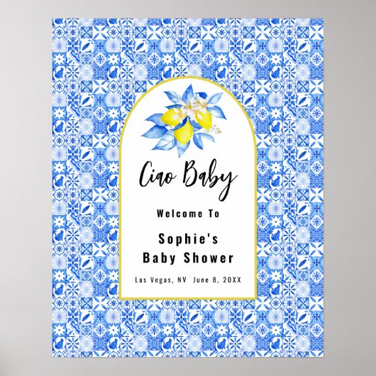 Baby Ciao, blaue Fliesen und Zitronen Baby Begrüßu Poster (Vorne)