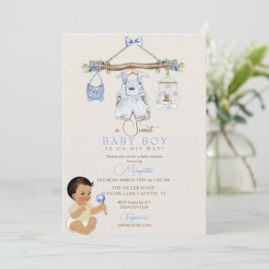 Baby Clothes Boy Baby Dusche Elfenbeinblau Einladung (Stehend Vorderseite)