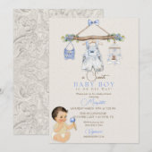 Baby Clothes Boy Baby Dusche Elfenbeinblau Einladung (Vorne/Hinten)