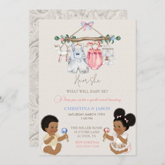 Baby Clothes Geschlecht offenbart Elfenbeinrosa Bl Einladung (Vorne/Hinten)